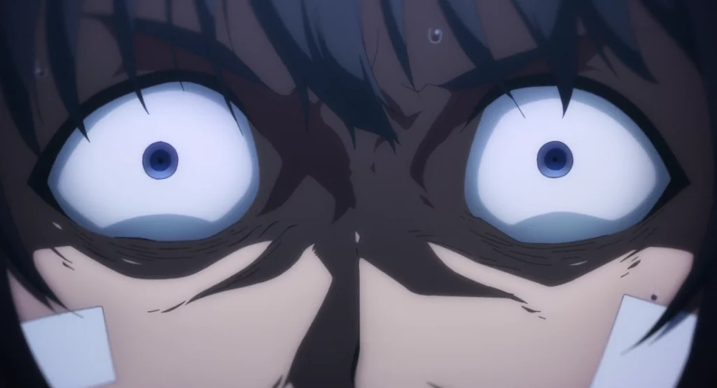 close up of a distraught anime man's eyes