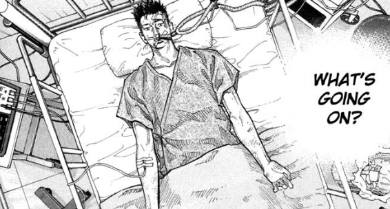 takahashi from the real manga laying in a hospital bed