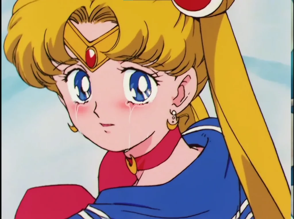 Sailor Moon crying while remembering her fallen friends.