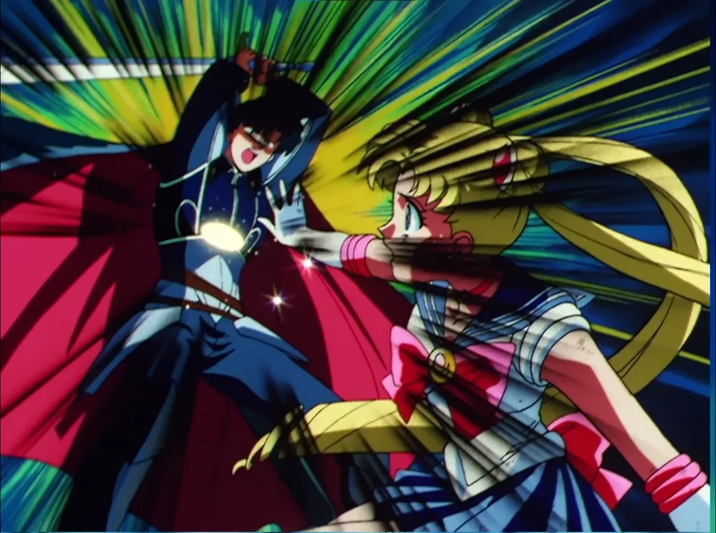 Sailor Moon striking down the brainwashed Endymion